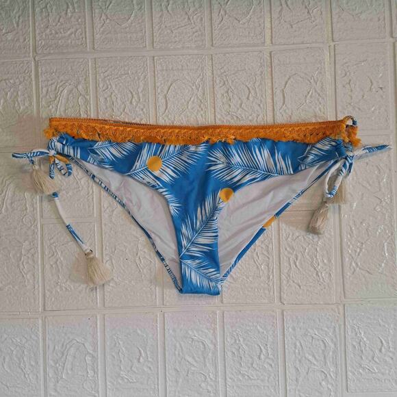 Trop Dots Yellow Lace Tie-Sides Palm Leaf Tassel Swimwear Bottom Siz - Picture 1 of 11